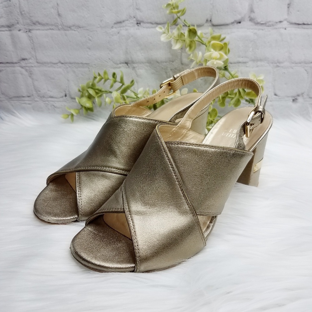 Stuart Weitzman Gold Peep Toe Cross Front Heels
